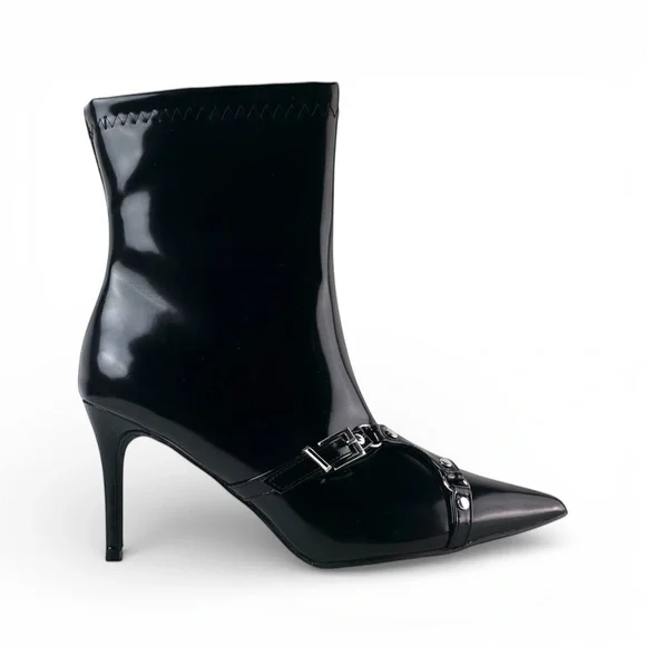 Fashion Nova Black Patent Pointed Toe Stiletto Harness Booties - Size 8.5 - Picture 1 of 4